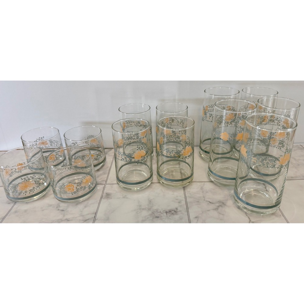 Vintage Corelle Floral Glassware Set Cottagecore Flower Tumbler Rocks 13 Pieces